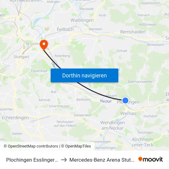 Plochingen Esslinger Str. to Mercedes-Benz Arena Stuttgart map