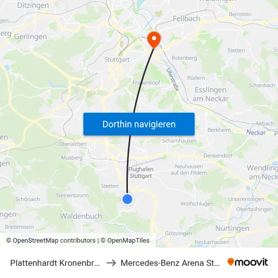 Plattenhardt Kronenbrunnen to Mercedes-Benz Arena Stuttgart map