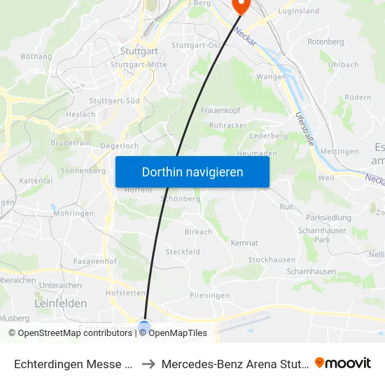 Echterdingen Messe West to Mercedes-Benz Arena Stuttgart map