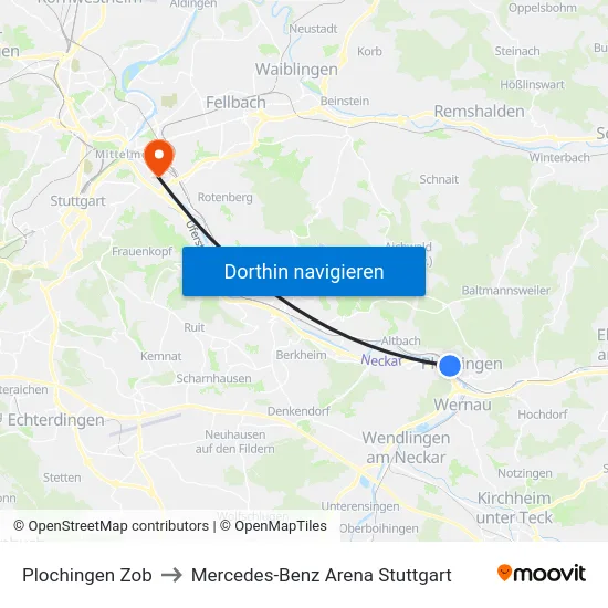 Plochingen Zob to Mercedes-Benz Arena Stuttgart map