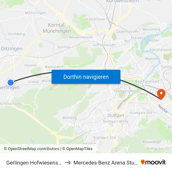 Gerlingen Hofwiesenstraße to Mercedes-Benz Arena Stuttgart map