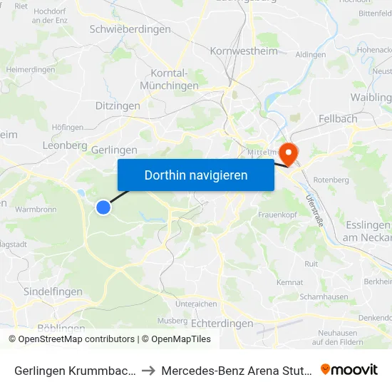 Gerlingen Krummbachtal to Mercedes-Benz Arena Stuttgart map