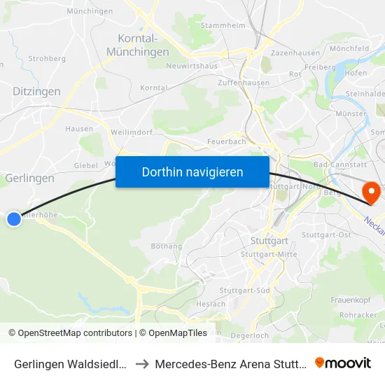 Gerlingen Waldsiedlung to Mercedes-Benz Arena Stuttgart map