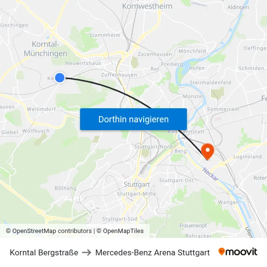 Korntal Bergstraße to Mercedes-Benz Arena Stuttgart map