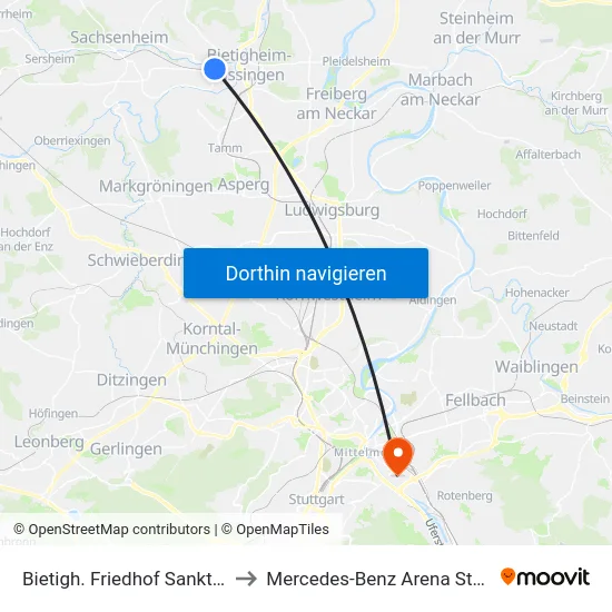 Bietigh. Friedhof Sankt Peter to Mercedes-Benz Arena Stuttgart map