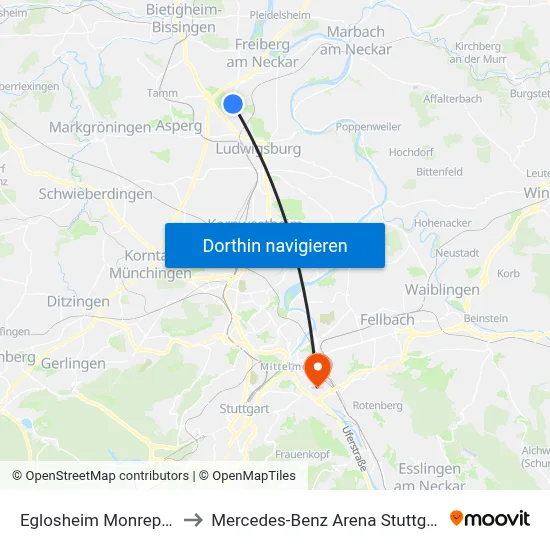 Eglosheim Monrepos to Mercedes-Benz Arena Stuttgart map