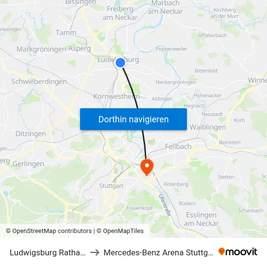 Ludwigsburg Rathaus to Mercedes-Benz Arena Stuttgart map