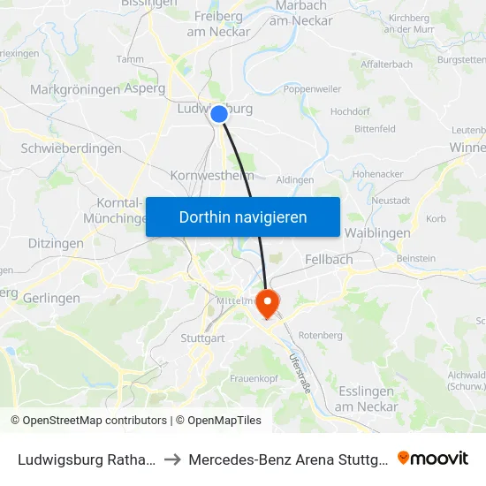 Ludwigsburg Rathaus to Mercedes-Benz Arena Stuttgart map