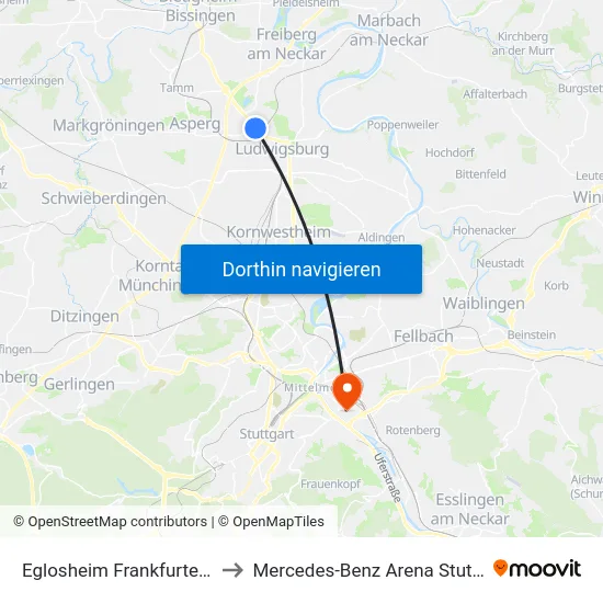Eglosheim Frankfurter Str. to Mercedes-Benz Arena Stuttgart map