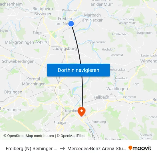 Freiberg (N) Beihinger Platz to Mercedes-Benz Arena Stuttgart map