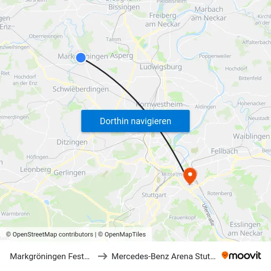 Markgröningen Festplatz to Mercedes-Benz Arena Stuttgart map