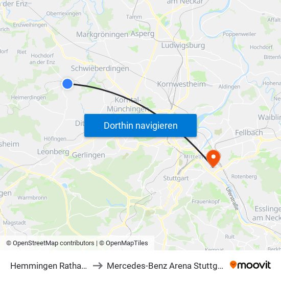 Hemmingen Rathaus to Mercedes-Benz Arena Stuttgart map