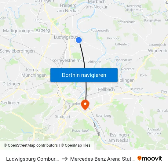 Ludwigsburg Comburgstr. to Mercedes-Benz Arena Stuttgart map