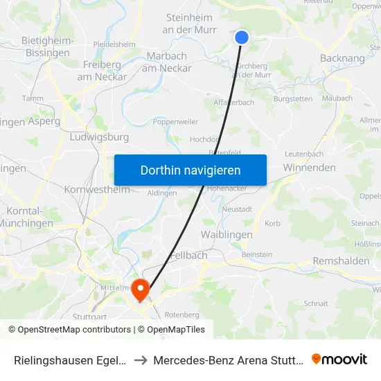 Rielingshausen Egelsee to Mercedes-Benz Arena Stuttgart map