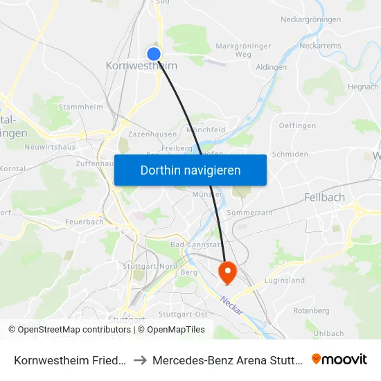 Kornwestheim Friedhof to Mercedes-Benz Arena Stuttgart map