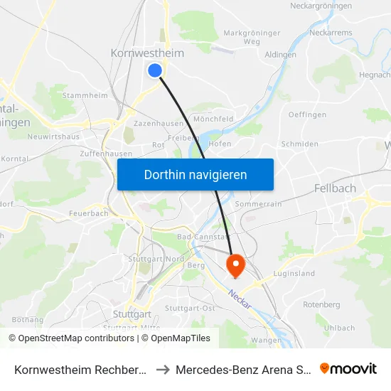 Kornwestheim Rechbergstraße to Mercedes-Benz Arena Stuttgart map