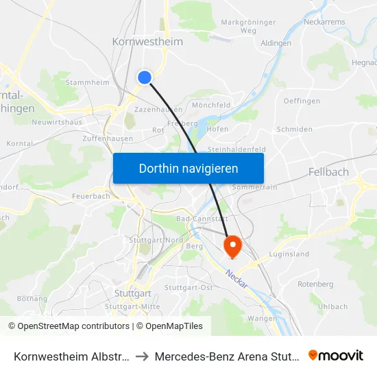 Kornwestheim Albstraße to Mercedes-Benz Arena Stuttgart map