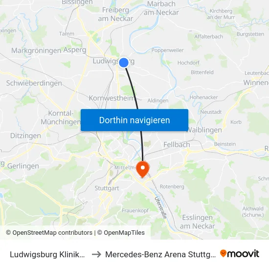 Ludwigsburg Klinikum to Mercedes-Benz Arena Stuttgart map