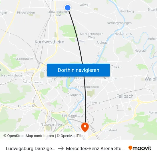 Ludwigsburg Danziger Str. to Mercedes-Benz Arena Stuttgart map