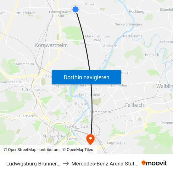 Ludwigsburg Brünner Str. to Mercedes-Benz Arena Stuttgart map