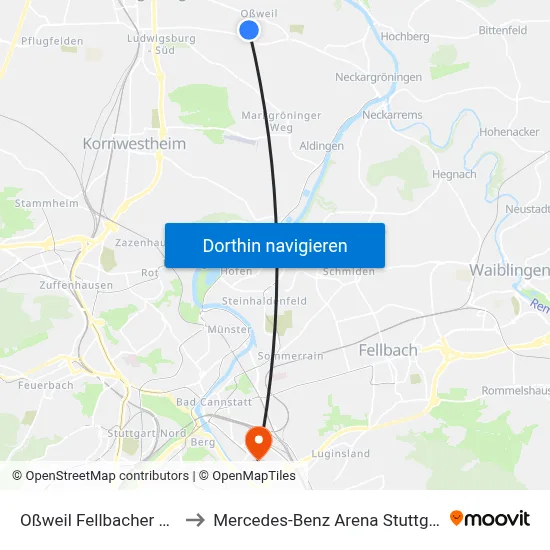 Oßweil Fellbacher Str. to Mercedes-Benz Arena Stuttgart map