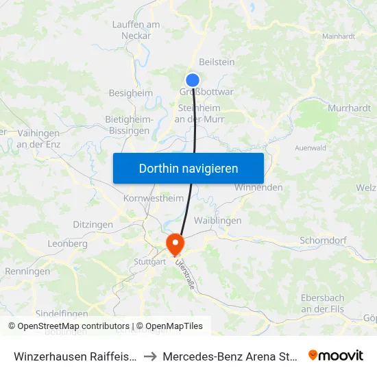 Winzerhausen Raiffeisenstr. to Mercedes-Benz Arena Stuttgart map