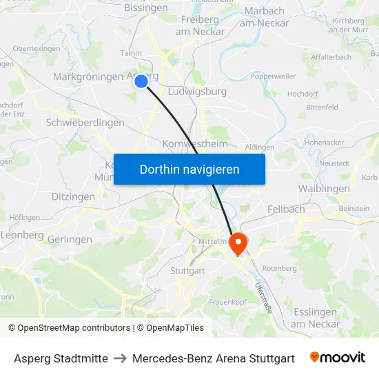 Asperg Stadtmitte to Mercedes-Benz Arena Stuttgart map