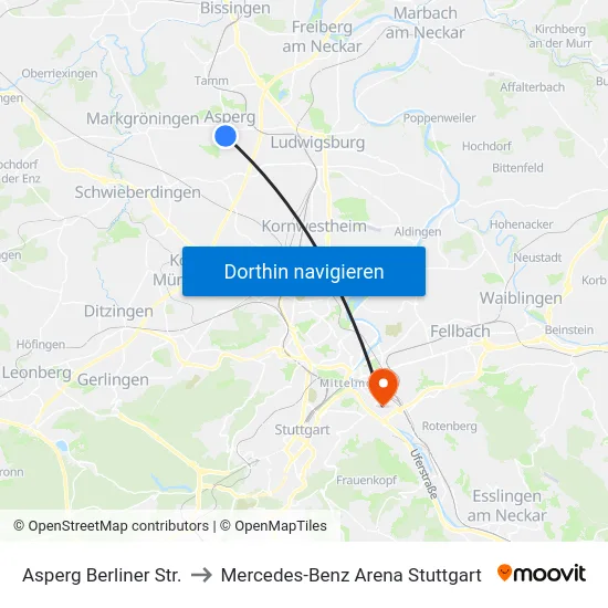 Asperg Berliner Str. to Mercedes-Benz Arena Stuttgart map