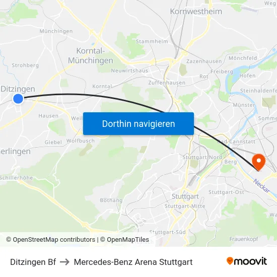 Ditzingen Bf to Mercedes-Benz Arena Stuttgart map
