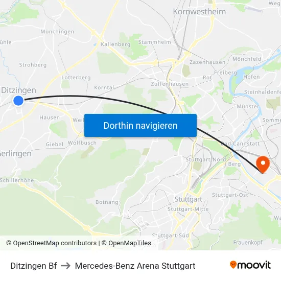 Ditzingen Bf to Mercedes-Benz Arena Stuttgart map