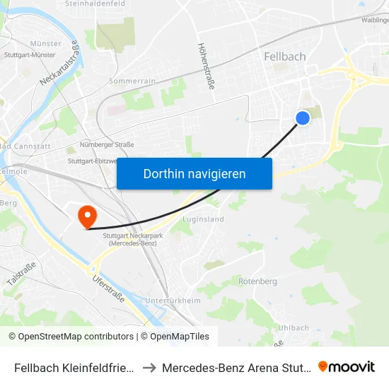Fellbach Kleinfeldfriedhof to Mercedes-Benz Arena Stuttgart map