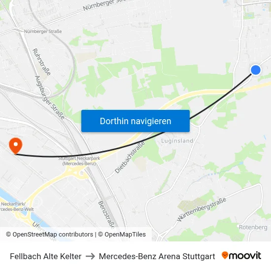 Fellbach Alte Kelter to Mercedes-Benz Arena Stuttgart map