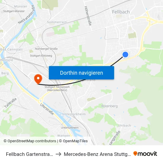 Fellbach Gartenstraße to Mercedes-Benz Arena Stuttgart map