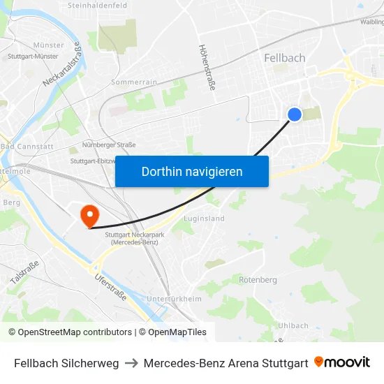 Fellbach Silcherweg to Mercedes-Benz Arena Stuttgart map