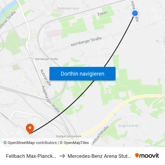 Fellbach Max-Planck-Str. to Mercedes-Benz Arena Stuttgart map