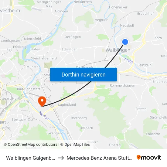 Waiblingen Galgenberg to Mercedes-Benz Arena Stuttgart map