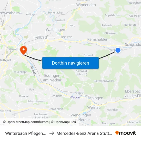 Winterbach Pflegeheim to Mercedes-Benz Arena Stuttgart map