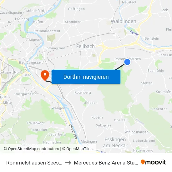 Rommelshausen Seestraße to Mercedes-Benz Arena Stuttgart map