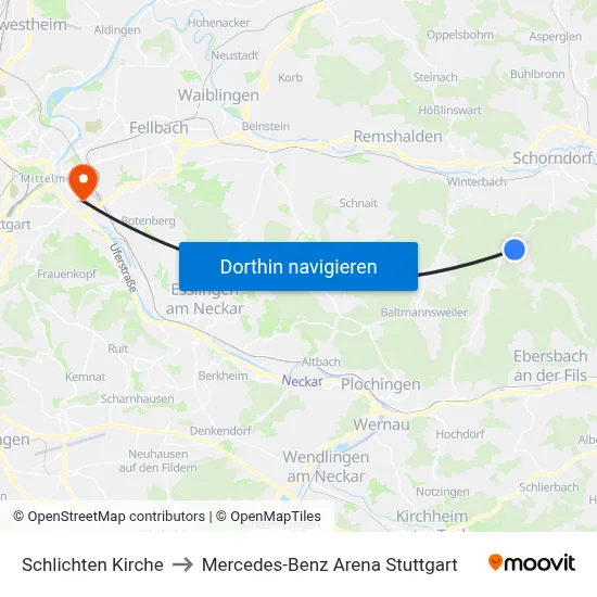 Schlichten Kirche to Mercedes-Benz Arena Stuttgart map