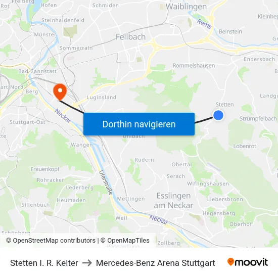 Stetten I. R. Kelter to Mercedes-Benz Arena Stuttgart map