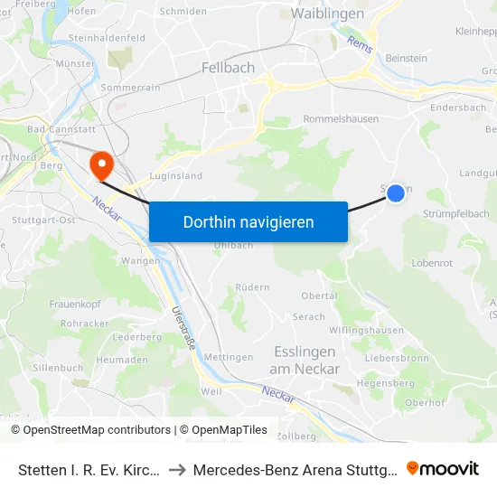 Stetten I. R. Ev. Kirche to Mercedes-Benz Arena Stuttgart map