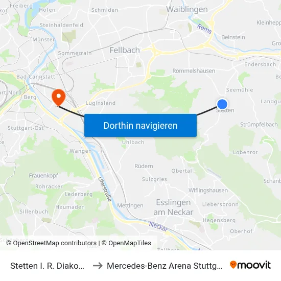 Stetten I. R. Diakonie to Mercedes-Benz Arena Stuttgart map
