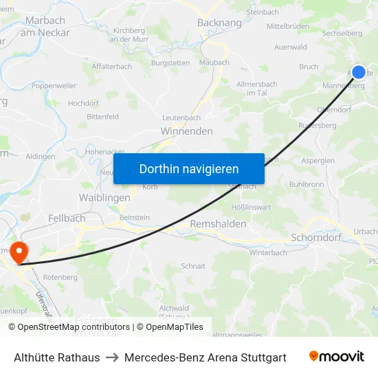 Althütte Rathaus to Mercedes-Benz Arena Stuttgart map