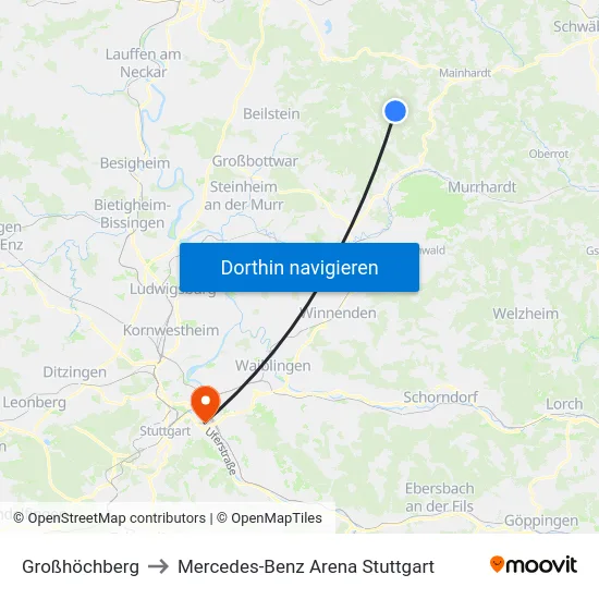 Großhöchberg to Mercedes-Benz Arena Stuttgart map