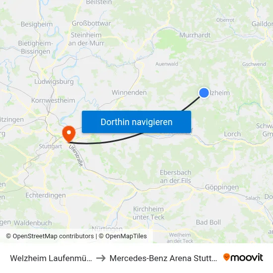 Welzheim Laufenmühle to Mercedes-Benz Arena Stuttgart map