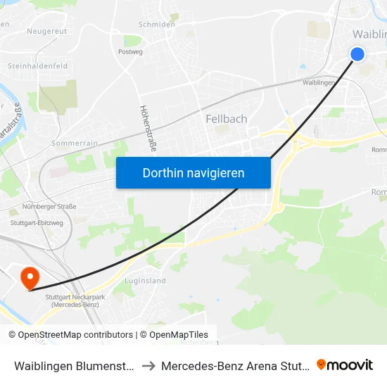 Waiblingen Blumenstraße to Mercedes-Benz Arena Stuttgart map