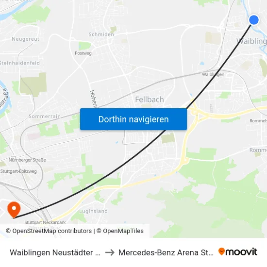 Waiblingen Neustädter Straße to Mercedes-Benz Arena Stuttgart map