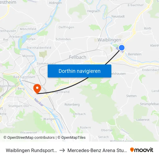 Waiblingen Rundsporthalle to Mercedes-Benz Arena Stuttgart map