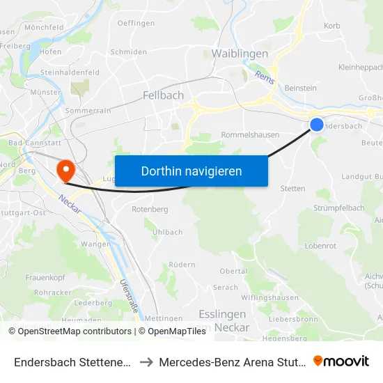 Endersbach Stettener Str. to Mercedes-Benz Arena Stuttgart map