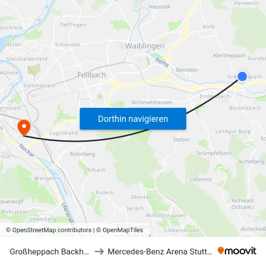 Großheppach Backhaus to Mercedes-Benz Arena Stuttgart map